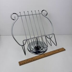 Vtg Lyre Harp Shape Tabletop Silver Chrome Metal Music Sheet Cookbook Stand Hold